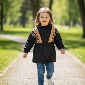 SHEIN Girls Leopard Print Windbreaker Jacket Hooded Zip Up Coat Size 8 8Y Black